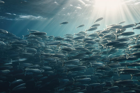 school of fish swimming in crystal-clear underwater waters, created with generative aiの素材