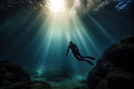 person, diving into ocean to explore its depths and learn about its inhabitants, created with generative aiの素材