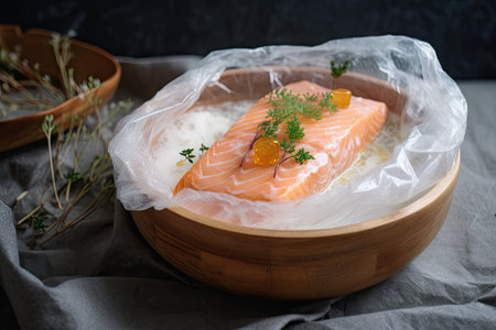 sous-vide salmon fillet, wrapped in cheesecloth and slow-cooked in warm bath, created with generative aiの素材