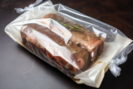 sous-vide pork ribs, slowly cooked to juicy tenderness in a bag, created with generative aiの素材