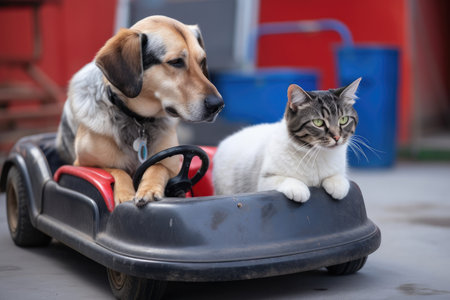a dog and a cat sitting together in a bumper car, enjoying the ride, created with generative aiの素材