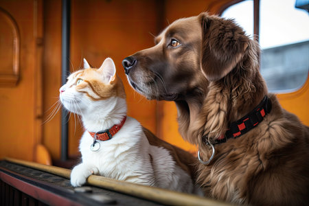 a cat and dog going on the roller coaster ride, their eyes wide with excitement, created with generative aiの素材