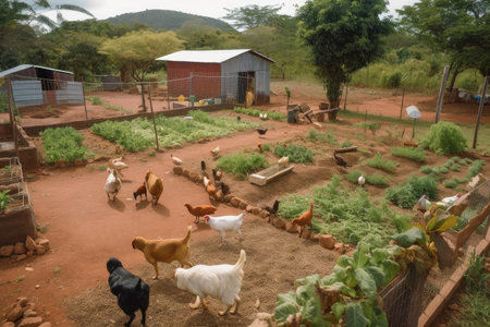 a small-scale farm with a variety of crops and livestock, created with generative aiの素材
