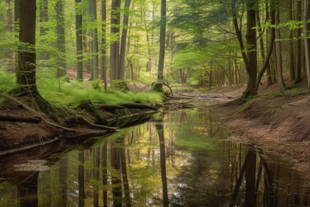 forest with slow moving stream and peaceful reflections, created with generative aiの素材