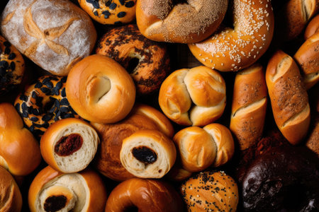 loaves of colorful and flavorful breads, including bagels and buns, created with generative aiの素材