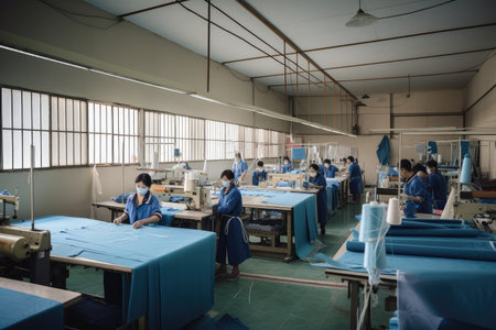 textile factory, with workers cutting, sewing, and packaging fabrics for shipment, created with generative aiの素材