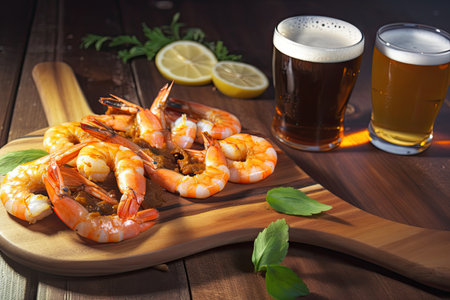 beer and tiger shrimp prawns, the perfect pairing for a summer evening, created with generative aiの素材