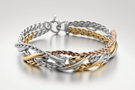 bracelet made of delicate silver and gold chains mixed on white background, created with generative aiの素材
