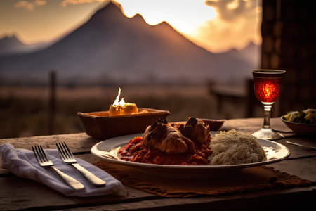 exotic location, with view of the sun setting behind a mountain range, and plate of chicken tikka masala in the foreground, created with generative aiの素材