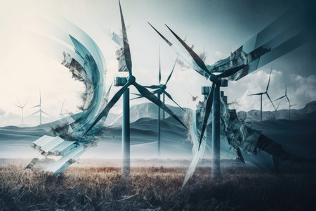 energy industry double exposure of sleek wind turbines, with their blades spinning in the wind, created with generative aiの素材