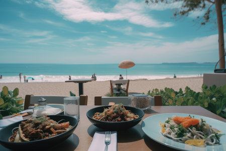 foodie, enjoying beautiful view of the beach, while eating lunch with fresh and flavorful food, created with generative aiの素材