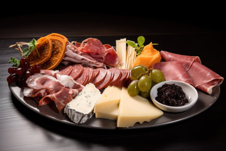 plate of succulent, smoked meats and cheeses, created with generative aiの素材