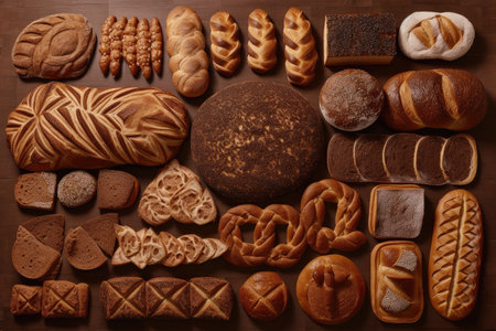 assortment of different breads, shapes, and sizes with various scoring patterns, created with generative aiの素材