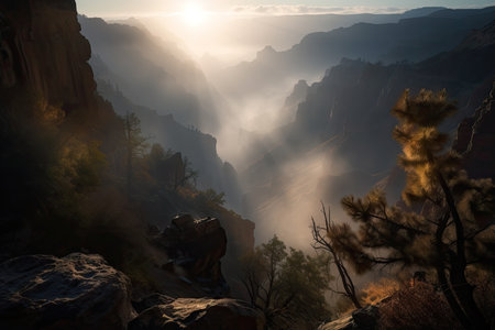 majestic canyon with misty morning fog, and the sun peeking through, created with generative aiの素材