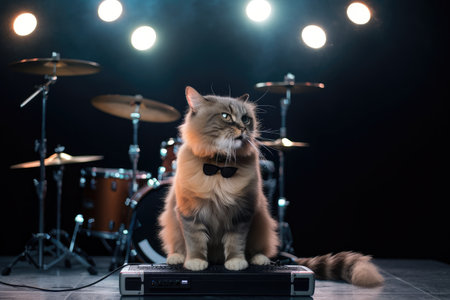 cat like as rock star on stage, in the middle of concert performance, created with generative aiの素材