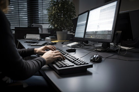 person, sitting at their desk, with computer and keyboard in the background, created with generative aiの素材
