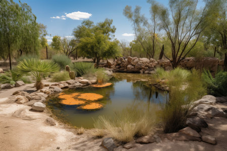 freshwater oasis in the middle of a dry and arid environment, created with generative aiの素材