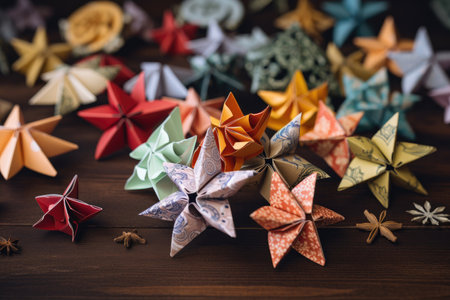 christmas-themed origami with paper stars and snowflakes, created with generative aiの素材