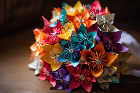 beautiful wedding bouquet, made from origami paper flowers, created with generative aiの素材