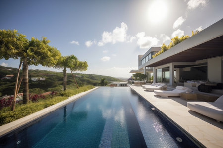 luxury villa with infinity pool & extensive outdoor spaces, created with generative aiの素材