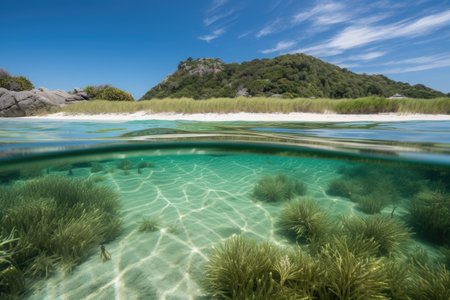 aquarium with seagrass and aquatic plants providing natural habitat for fish, created with generative aiの素材