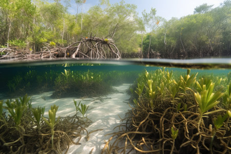 brackish water environment with mix of aquatic plants, including mangroves and seagrasses, created with generative aiの素材