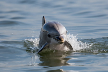 baby dolphin jumping out of the water after a series of jumps, created with generative aiの素材