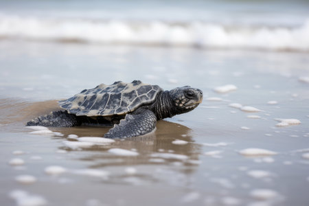 close-up of baby turtles flipper, making its way to the ocean, created with generative aiの素材