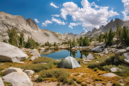 camping and backpacking adventure with vast wilderness, majestic mountains, and clear blue skies, created with generative aiの素材