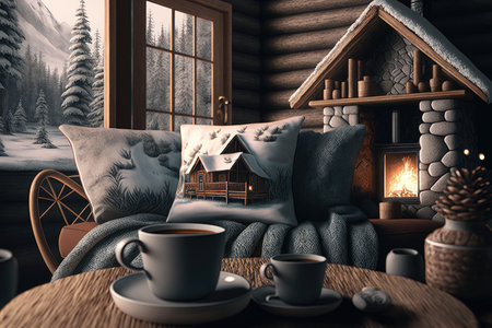 warm and cozy chalet with fireplace, throw pillows, and hot chocolate cups, created with generative aiの素材