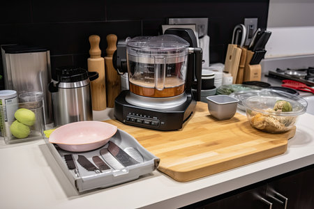 food processor, sous-chef knife, and board in preparation station, created with generative aiの素材