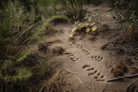 close-up of animal tracks, with plant and other natural signs visible, created with generative aiの素材