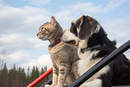 a cat and dog riding a roller coaster together, with their ears flying in the wind, created with generative aiの素材
