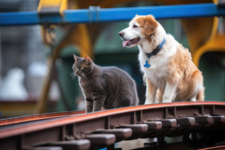 dog riding roller coaster, with cat watching from the sidelines, created with generative aiの素材
