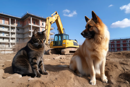 construction site with cat and dog hard at work, building new housing development, created with generative aiの素材