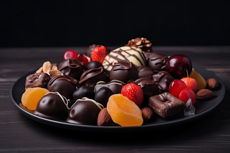 plate of chocolate-covered fruits and nuts for delicious dessert or snack, created with generative aiの素材