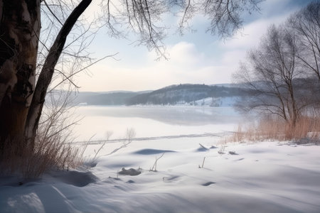 winter landscape, with a view of snowy hills and frozen lake, created with generative aiの素材