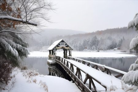 snow-covered bridge, with view of a tranquil lake, in festive holiday setting, created with generative aiの素材