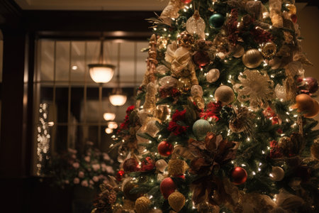 a beautifully decorated holiday tree, with lights and ornaments shining bright, created with generative aiの素材