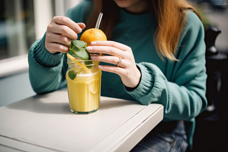 person, drinking fresh juice with lemon and ginger for energy boost, created with generative aiの素材