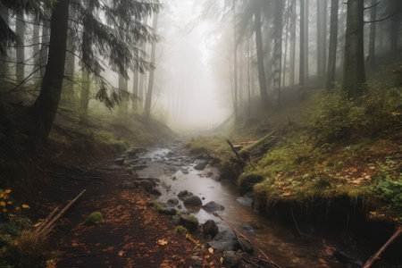 forest with misty fog and babbling brook, perfect place for a morning hike, created with generative aiの素材