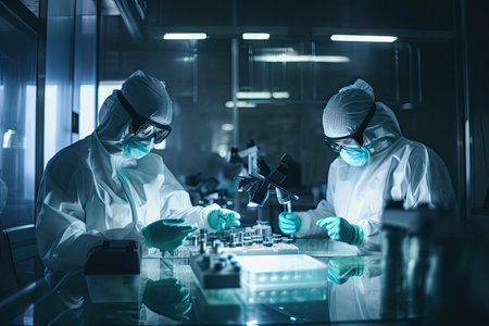 stem cell research laboratory, with scientists conducting experiments and analyzing data, created with generative aiの素材