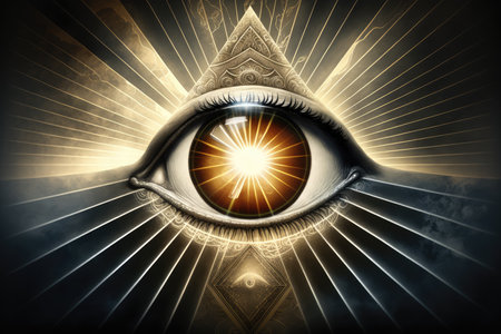 close-up of all-seeing eye, with rays of light shining from the top, created with generative aiの素材
