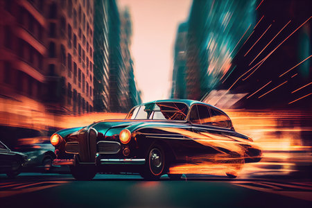 classic car, with blurred motion of roaring engine, against urban cityscape double exposure, created with generative aiの素材