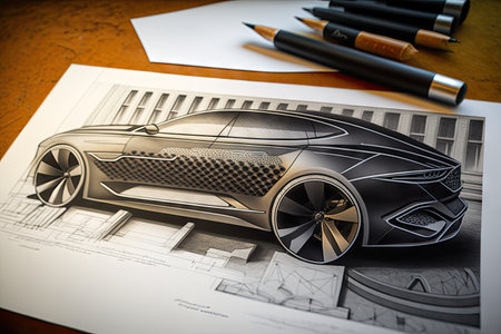 car design sketch, with close-up of the exterior, featuring intricate details and textures, created with generative aiの素材