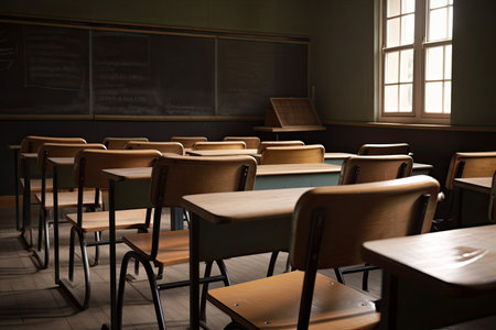 a classroom with rows of empty wooden chairs and a chalkboard in the background, created with generative aiの素材