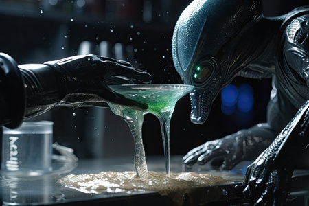 alien worker pouring glass of water, in close-up shot, created with generative aiの素材