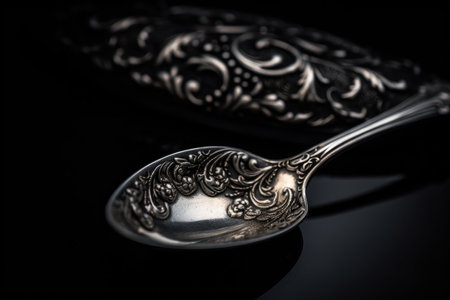 antique silver spoon on black background, with white light, created with generative aiの素材
