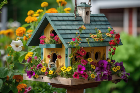 decorated birdhouse with bright flowers and a variety of feeders, created with generative aiの素材
