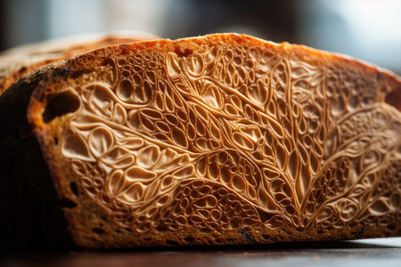 close-up of slice of bread, with intricate and beautiful design on surface, created with generative aiの素材